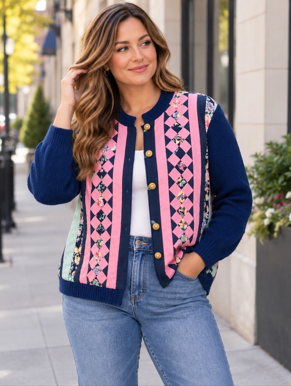 Handmade Vintage Patchwork Quilted Jacket Navy Pink Floral Knit Sleeve Cardigan